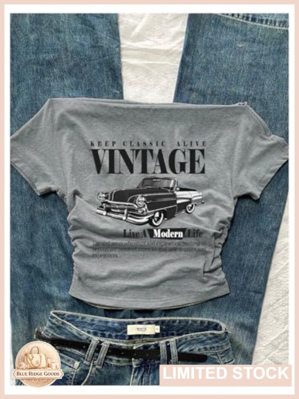 Off Shoulder Y2K Graphic Tee Car Print Short Sleeve Vintage T Shirt - Picture 3 of 4
